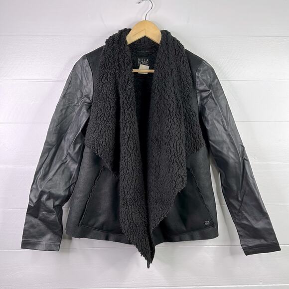 BILLABONG Black Sherpa Suede Leather Overcoat Jacket‎ Open Front Size Medium - Picture 1 of 11